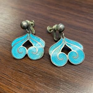 Mid century modern turquoise enamel taxco sterling silver earrings